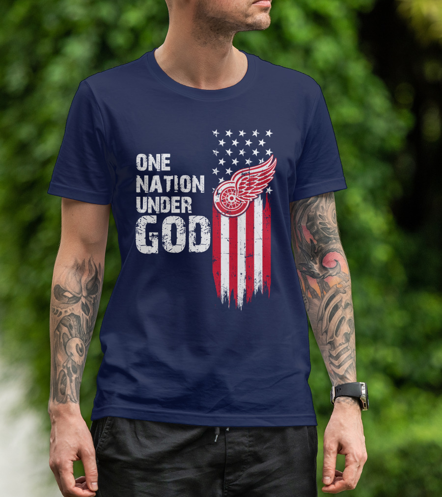 One Nation Under God Detroit Redwings American Flag Stars And Stripes T-Shirt