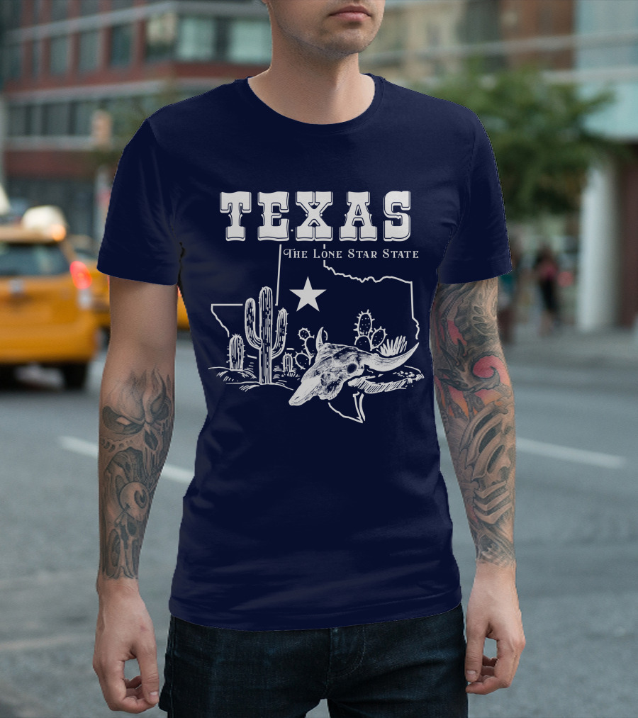Texas The Lone Star State Map Outline With Cactus And Bull Skull T-Shirt