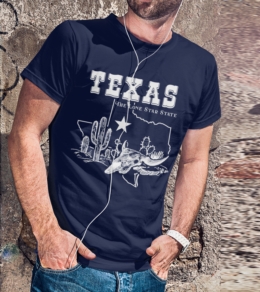 Texas The Lone Star State Map Outline With Cactus And Bull Skull T-Shirt