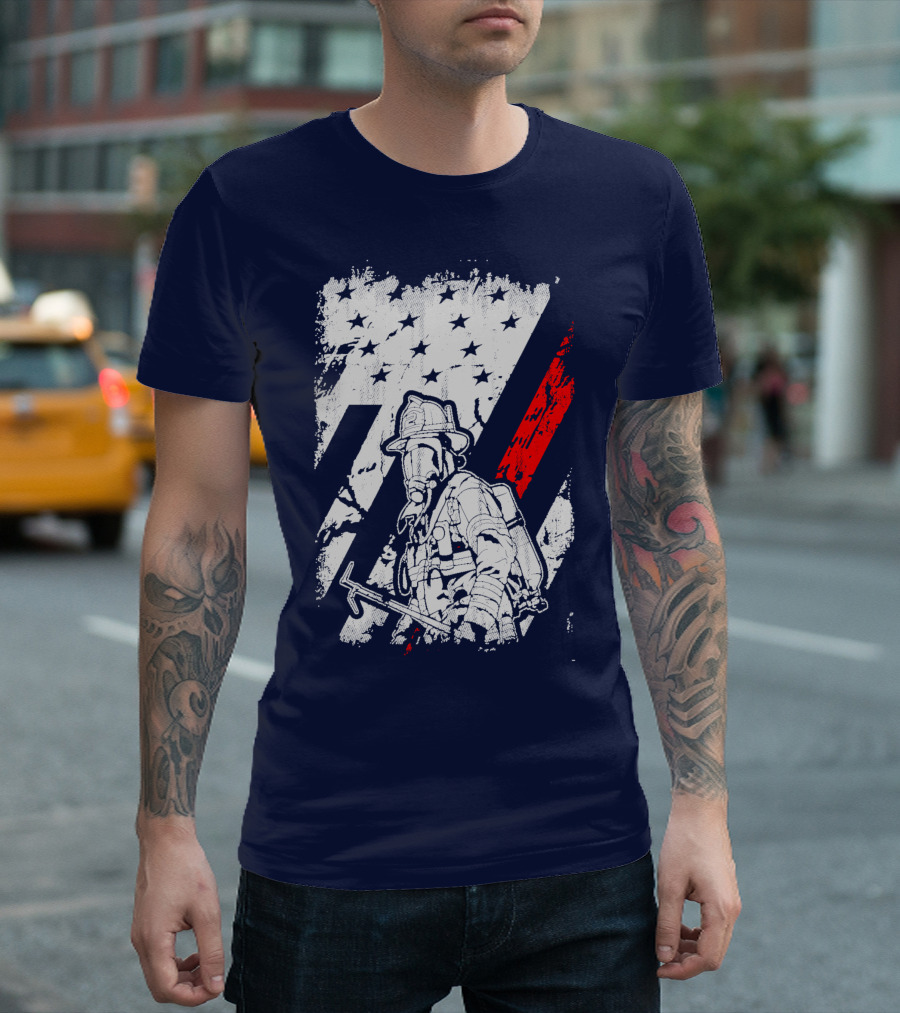 The Firefighters American Flag Tribute Heroic Firefighter With Axe And Stars And Stripes T-Shirt