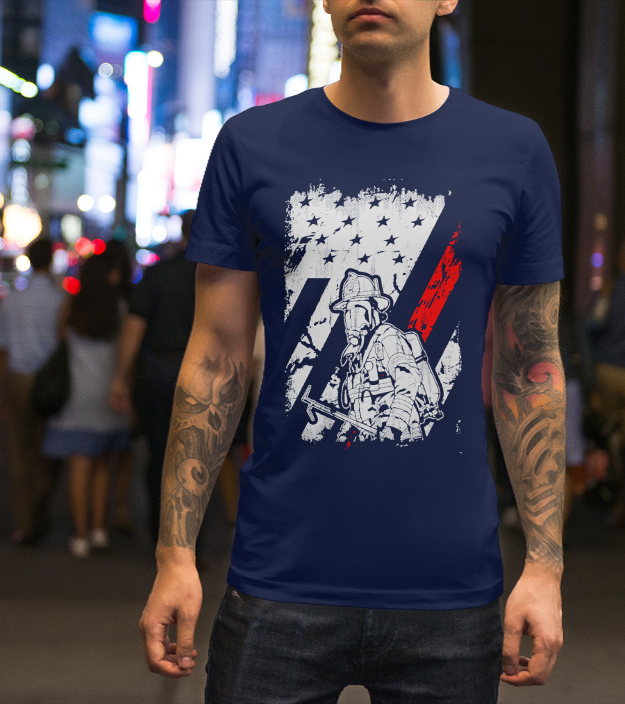 The Firefighters American Flag Tribute Heroic Firefighter With Axe And Stars And Stripes T-Shirt