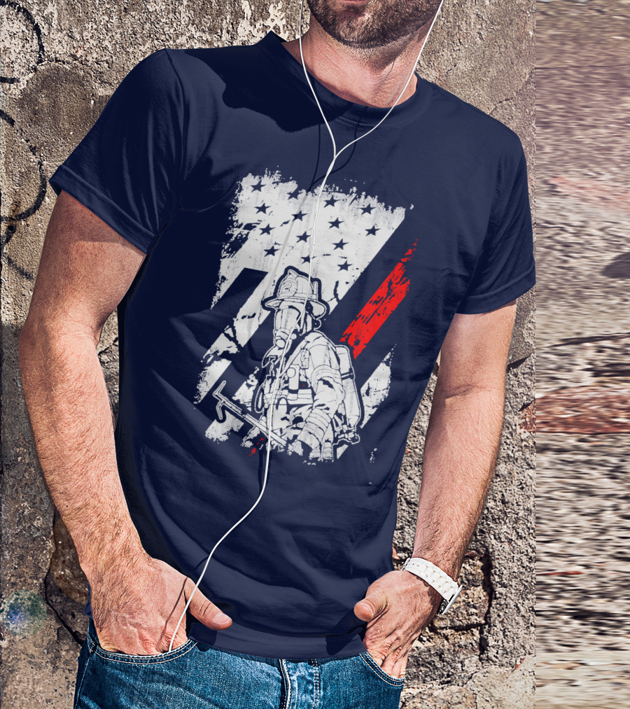 The Firefighters American Flag Tribute Heroic Firefighter With Axe And Stars And Stripes T-Shirt