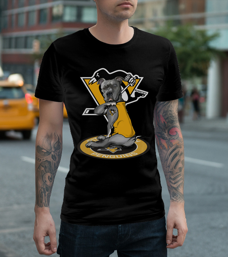 Pittsburgh Penguins Dog In Yellow Jersey With Hockey Stick T-Shirt