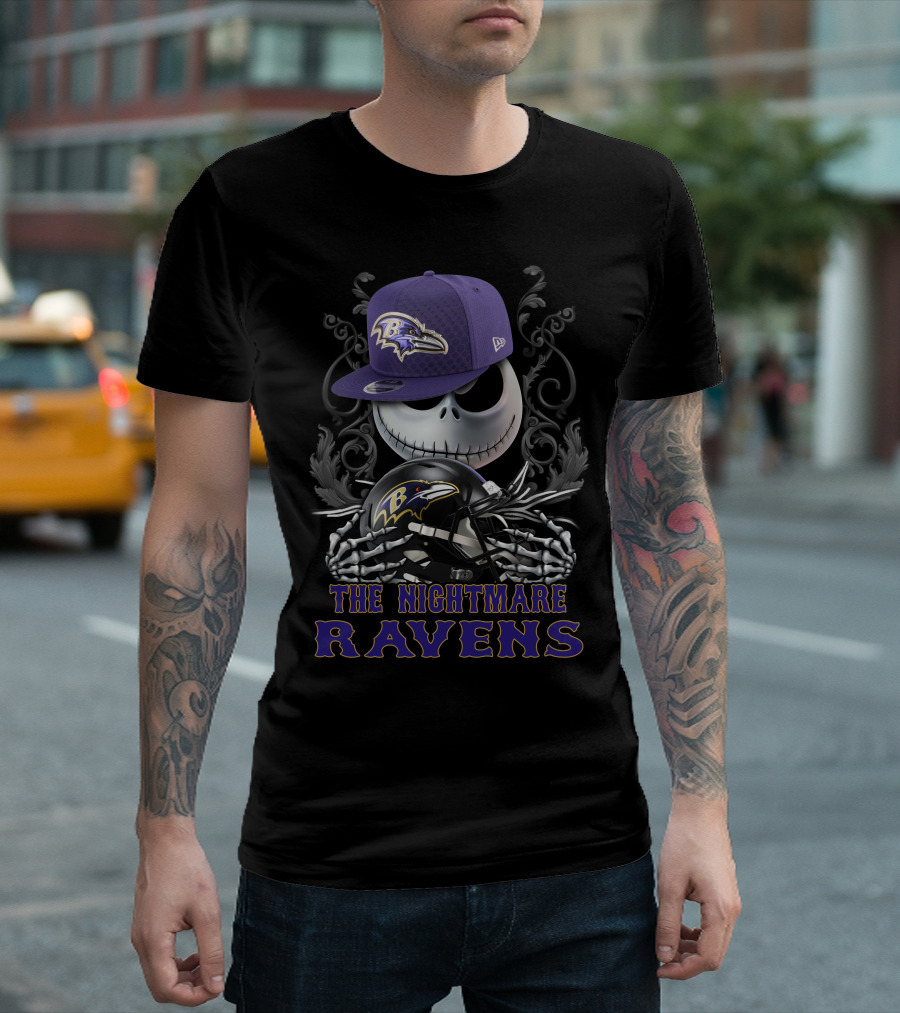 The Nightmare Ravens Baltimore Ravens Skull With Hat And Helmet T-Shirt