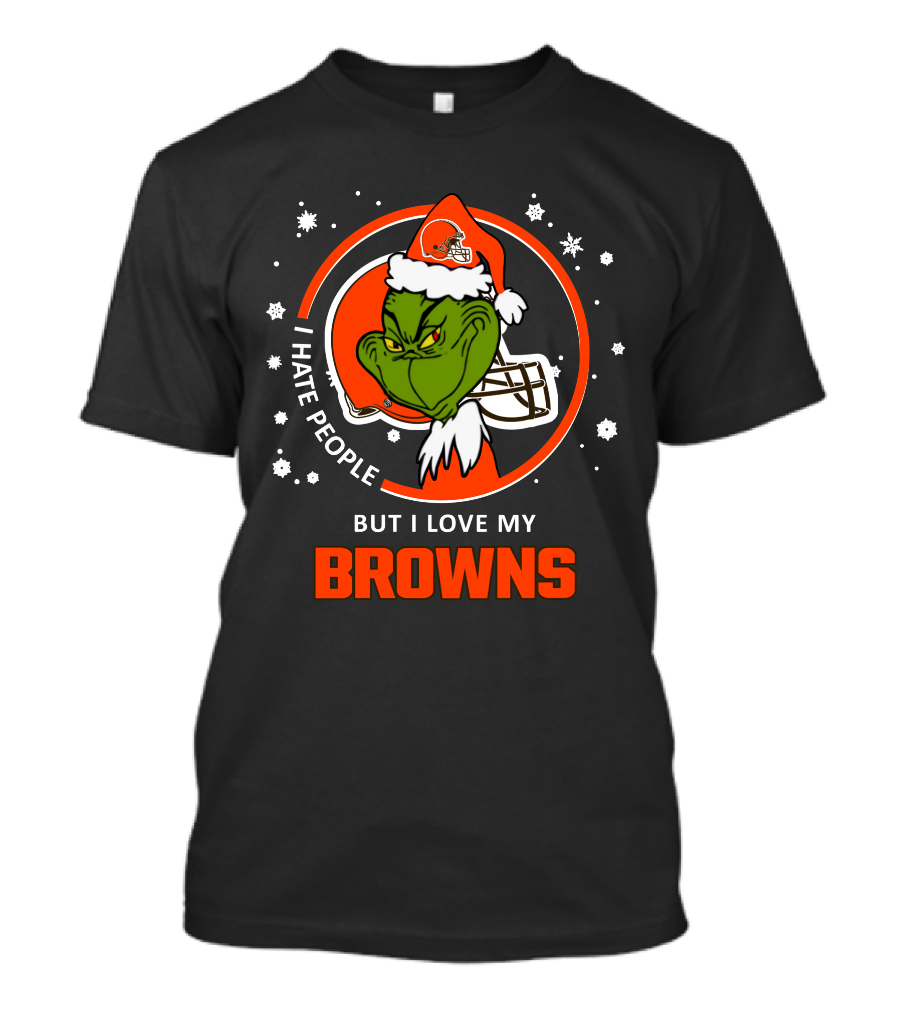 I Hate People But I Love My Browns Cleveland Browns Grinch Santa Hat Snowflakes T-Shirt