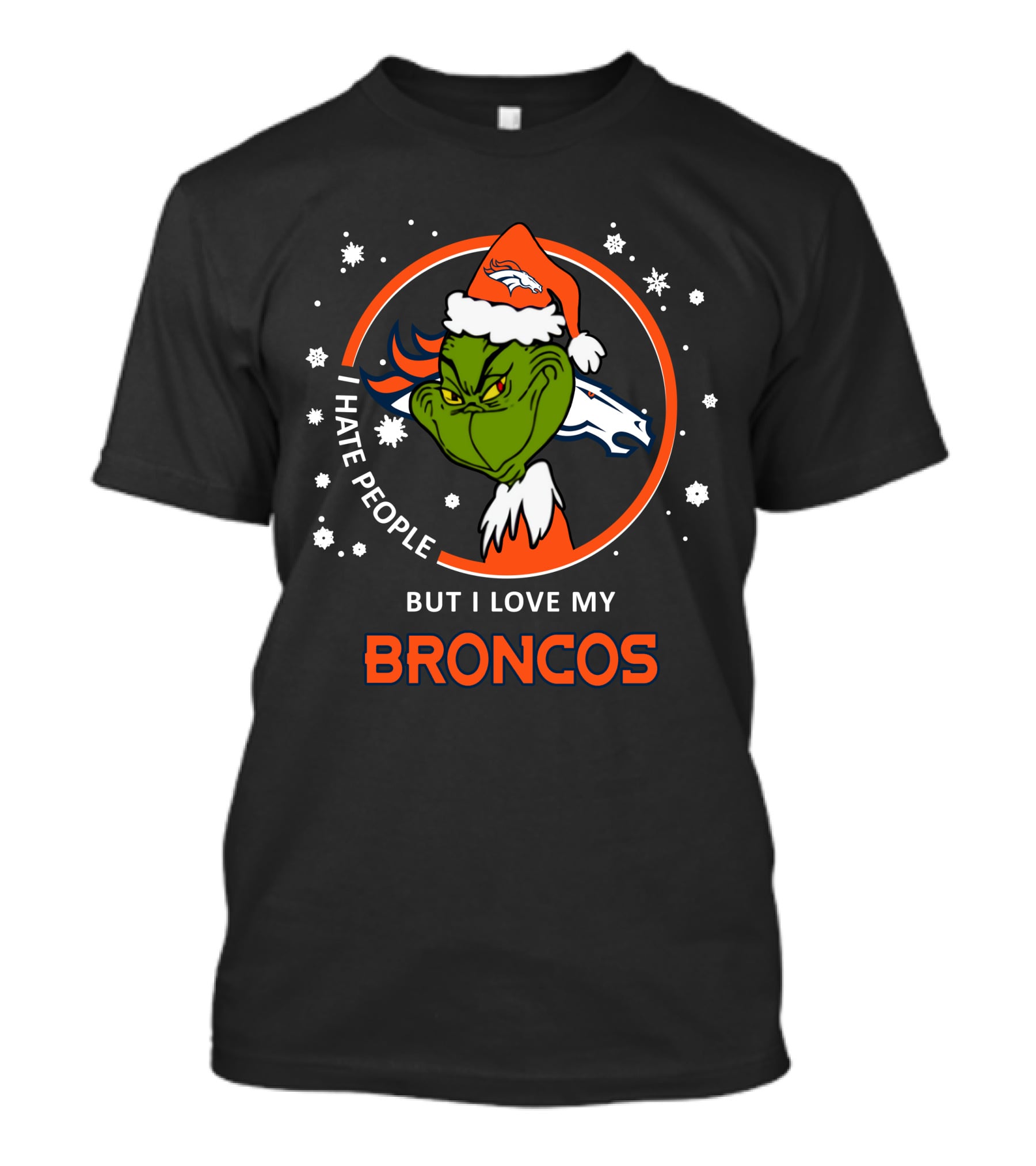 I Hate People But I Love My Broncos Grinch Santa Christmas T-Shirt