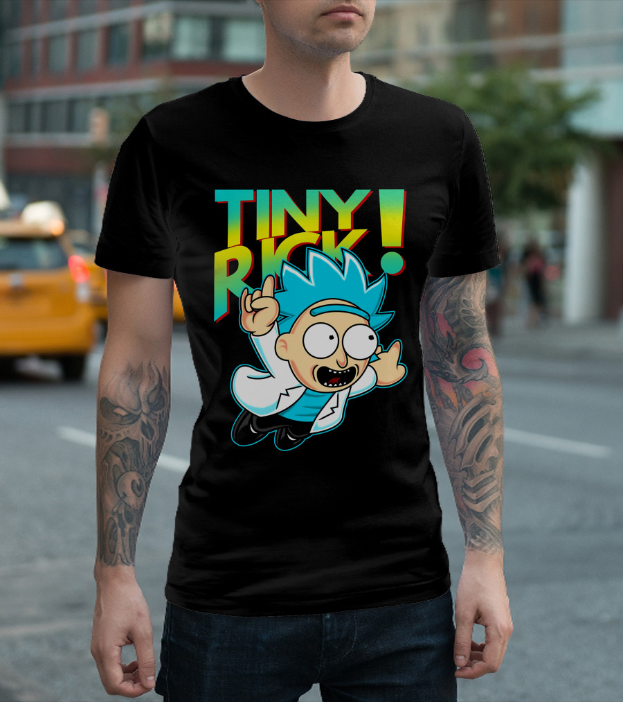 Tiny Rick Flying Character with Blue Hair and White Lab Coat T-Shirt