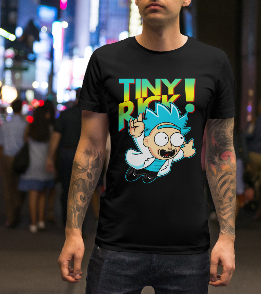 Tiny Rick Flying Character With Blue Hair And White Lab Coat T-Shirt