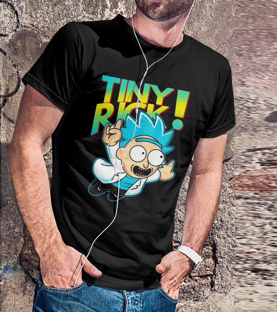 Tiny Rick Flying Character With Blue Hair And White Lab Coat T-Shirt