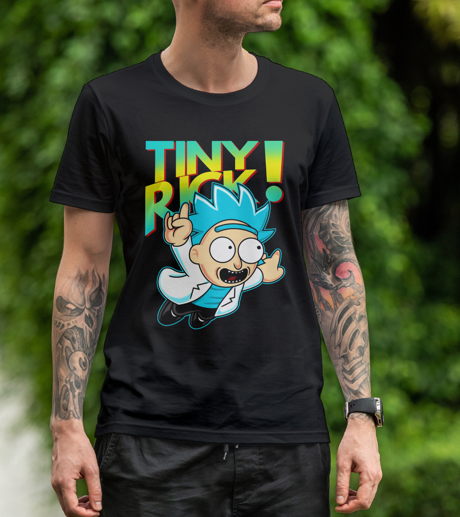 Tiny Rick Flying Character With Blue Hair And White Lab Coat T-Shirt