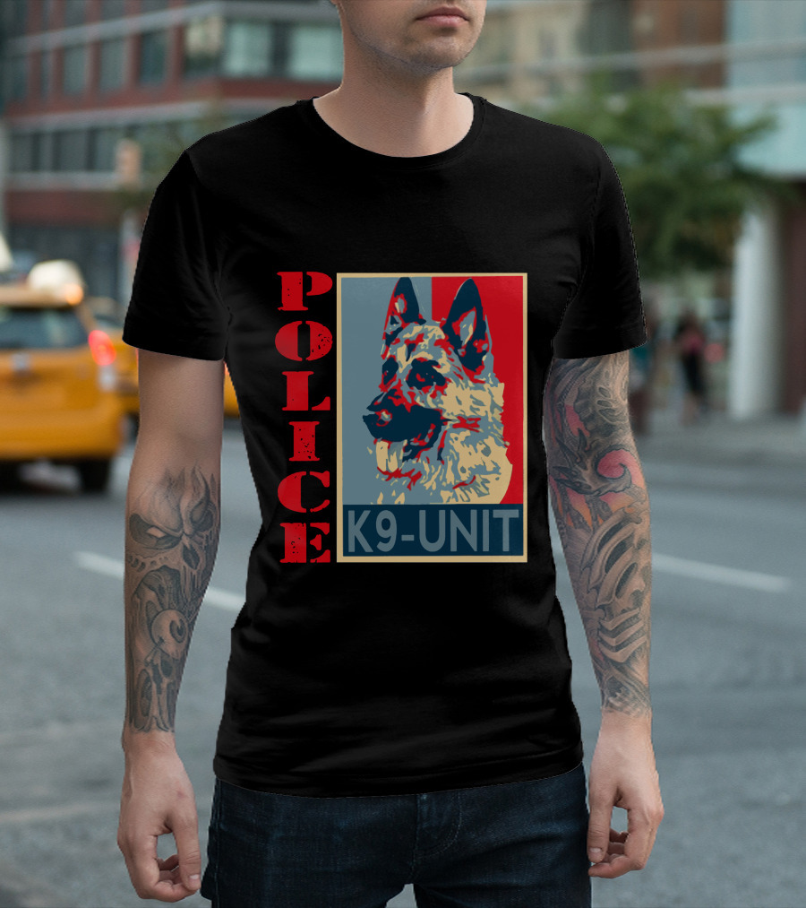 POLICE K9 UNIT Shepherd Portrait in Red Blue and Beige T-Shirt