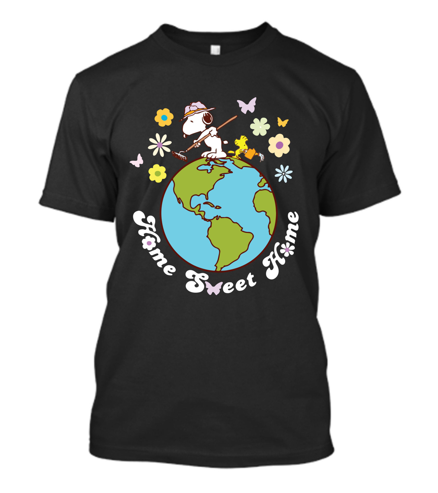 Home Sweet Home Snoopy And Woodstock Gardening On Earth With Butterflies And Flowers T-Shirt