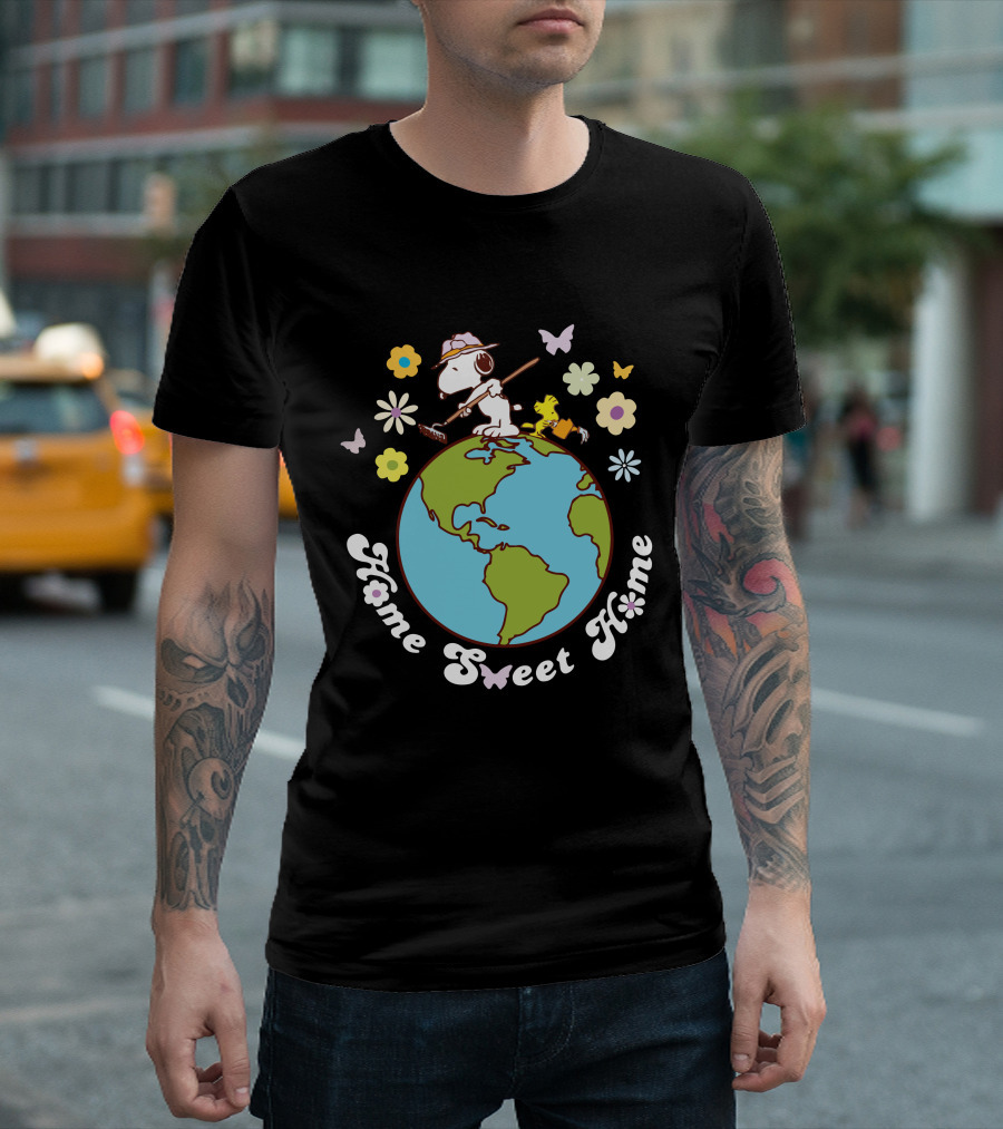 Home Sweet Home Snoopy And Woodstock Gardening On Earth With Butterflies And Flowers T-Shirt