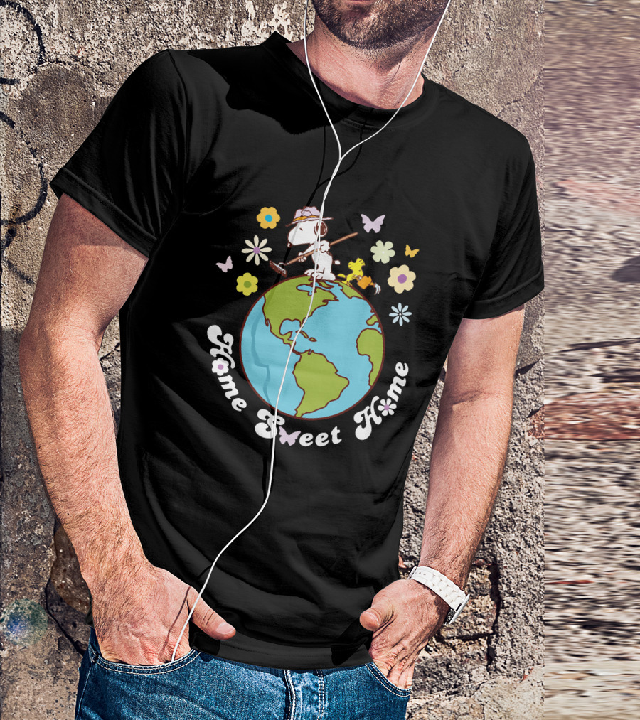 Home Sweet Home Snoopy And Woodstock Gardening On Earth With Butterflies And Flowers T-Shirt
