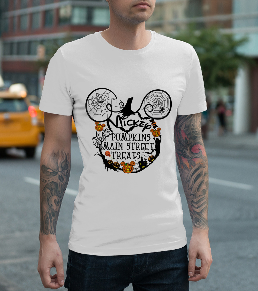 Mickey Pumpkins Main Street Treats Halloween Spooky Ears And Cobwebs T-Shirt