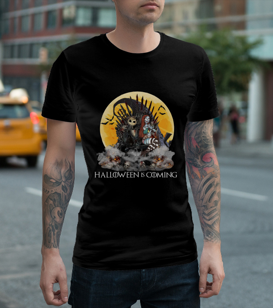 Halloween Is Coming with Skeleton King and Gothic Queen Throne Moon Bats Skulls T-Shirt