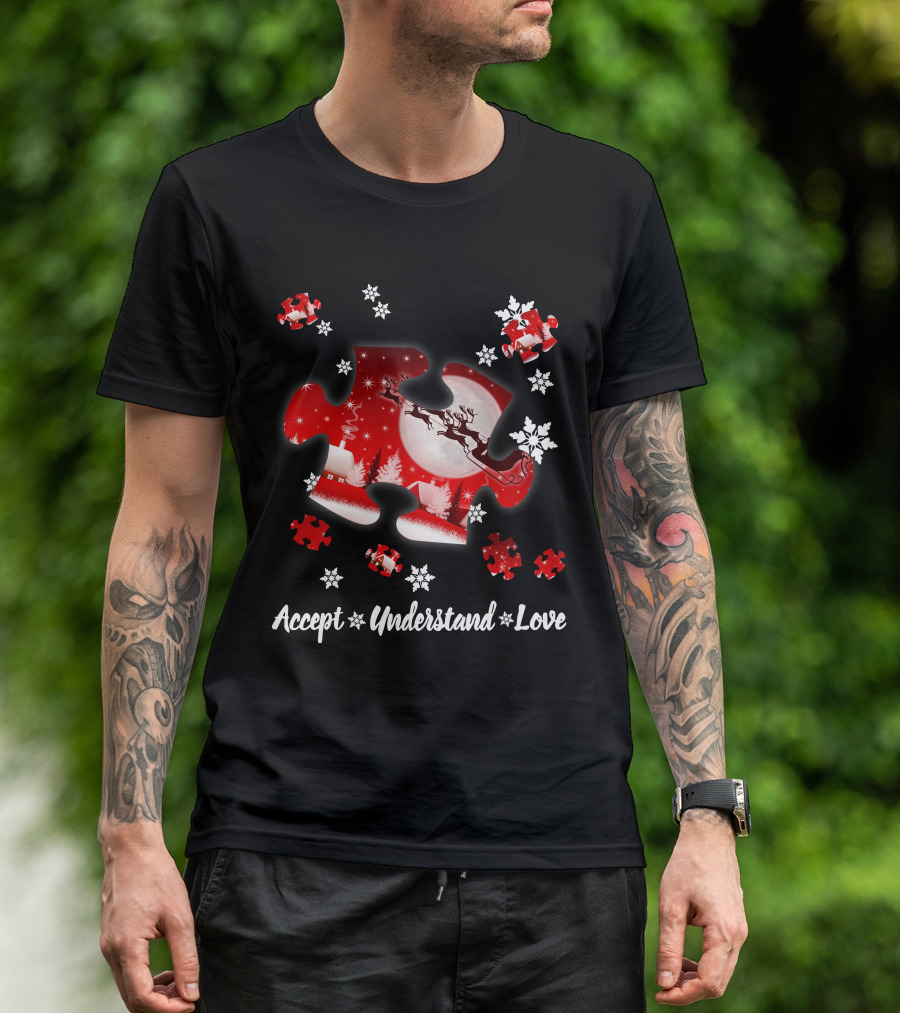 Accept Understand Love Autism Puzzle Christmas Snowflakes Santa Sleigh T-Shirt