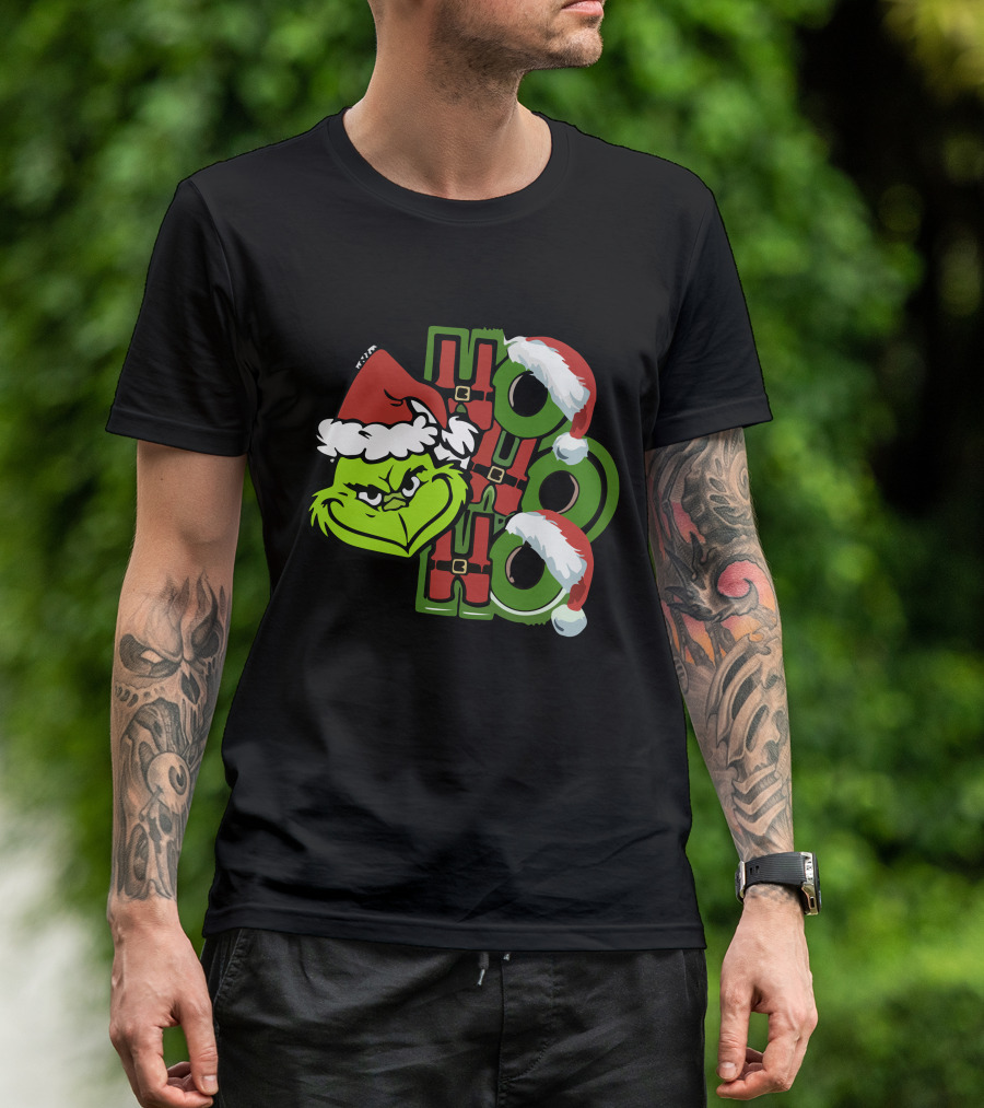 Ho Ho Ho Grinchmas With Santa Hats And Grinch Face T-Shirt