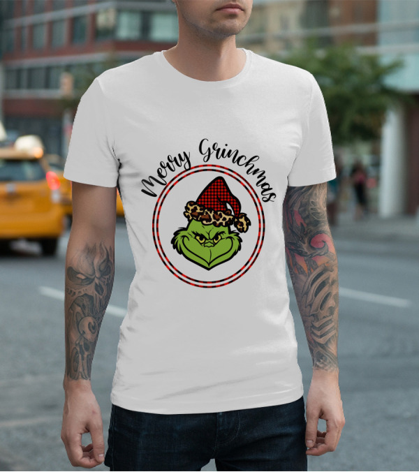 Merry Grinchmas Plaid Santa Hat Grinch Face T-Shirt