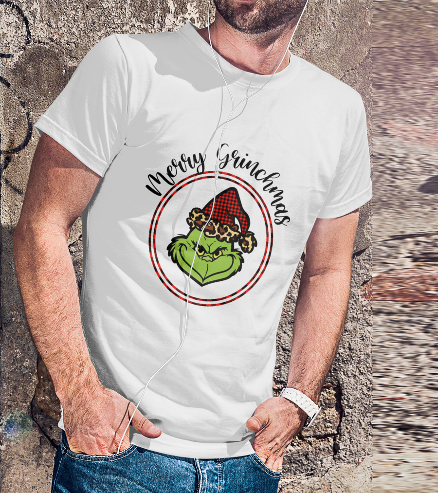 Merry Grinchmas Plaid Santa Hat Grinch Face T-Shirt