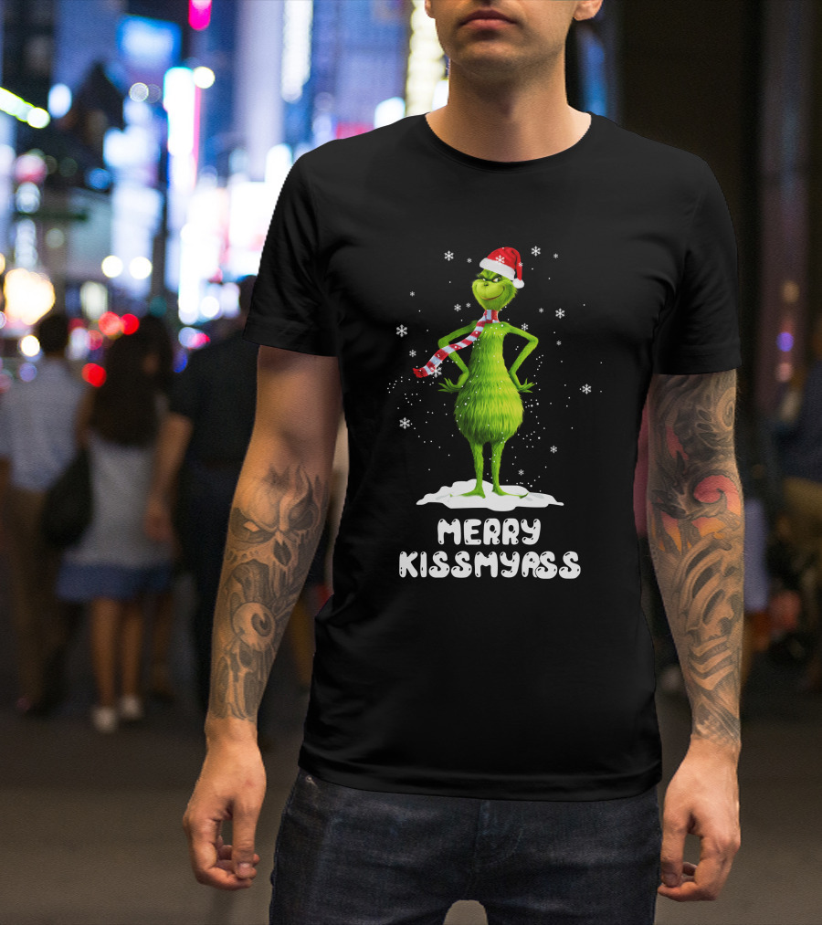 Merry KissMyAss Grinch Santa Hat Scarf Snowflakes T-Shirt