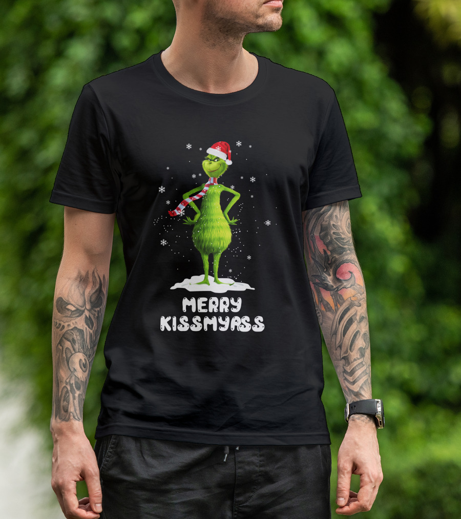 Merry KissMyAss Grinch Santa Hat Scarf Snowflakes T-Shirt