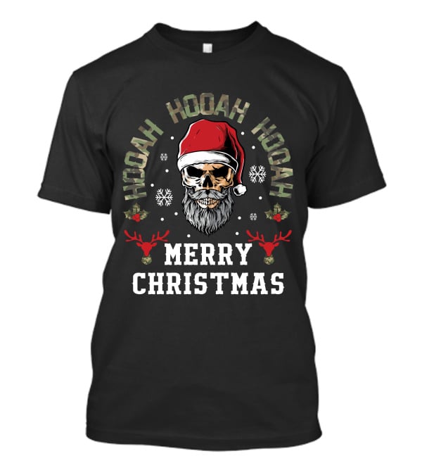 Hooah Hooah Hooah Merry Christmas Skull Santa Hat Reindeer T-Shirt