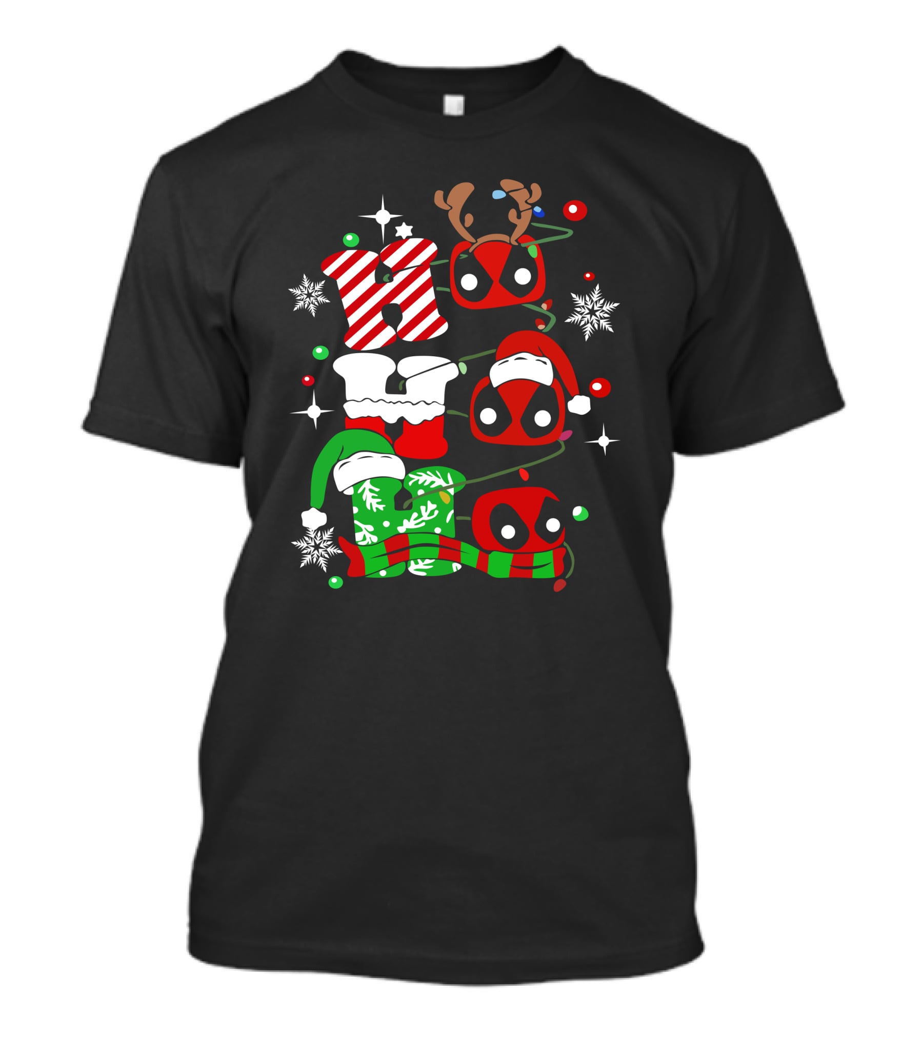Deadpool Ho Ho Ho Christmas Reindeer Antlers Santa Hat Snowflakes T-Shirt