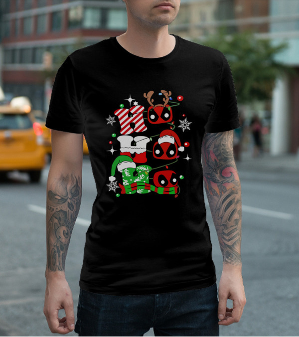 Deadpool Ho Ho Ho Christmas Reindeer Antlers Santa Hat Snowflakes T-Shirt