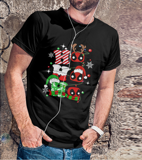 Deadpool Ho Ho Ho Christmas Reindeer Antlers Santa Hat Snowflakes T-Shirt