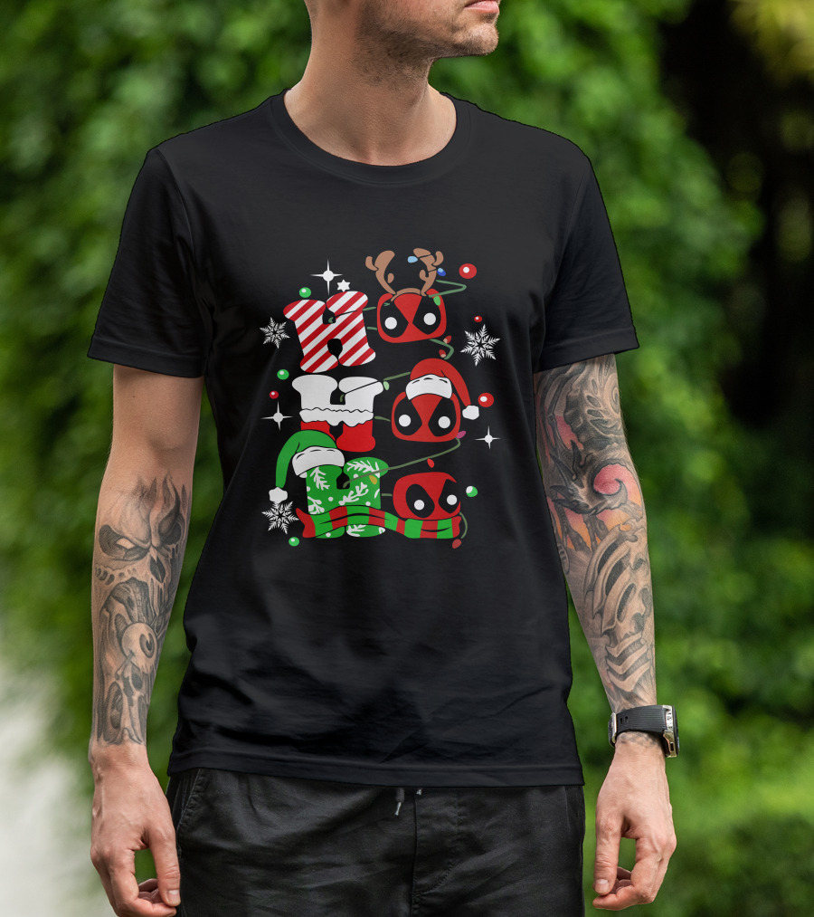 Deadpool Ho Ho Ho Christmas Reindeer Antlers Santa Hat Snowflakes T-Shirt