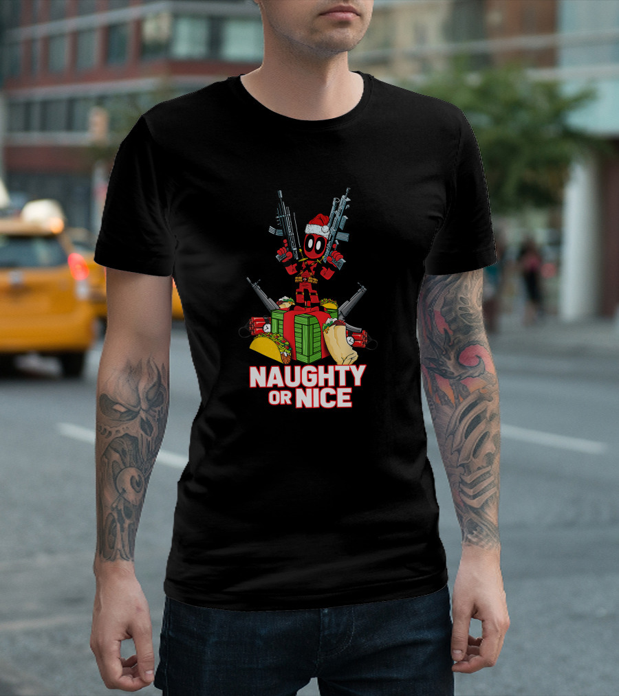 Naughty Or Nice Deadpool Christmas Guns Tacos Burritos T-Shirt