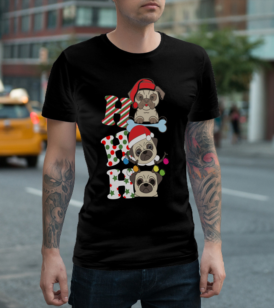 Ho Ho Ho Christmas Pug with Santa Hats and Holiday Lights T-Shirt