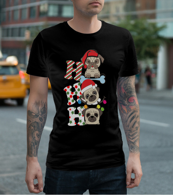 Ho Ho Ho Christmas Pug With Santa Hats And Holiday Lights T-Shirt