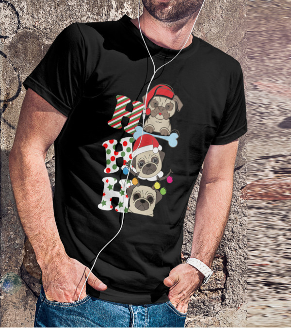 Ho Ho Ho Christmas Pug With Santa Hats And Holiday Lights T-Shirt