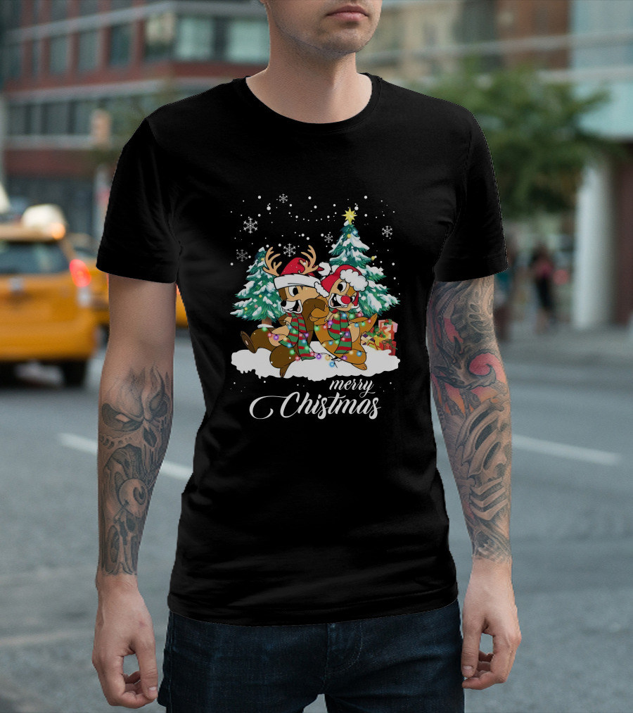 Merry Christmas Chip And Dale Holiday Cheer Reindeer Antlers Santa Hats Winter Wonderland T-Shirt