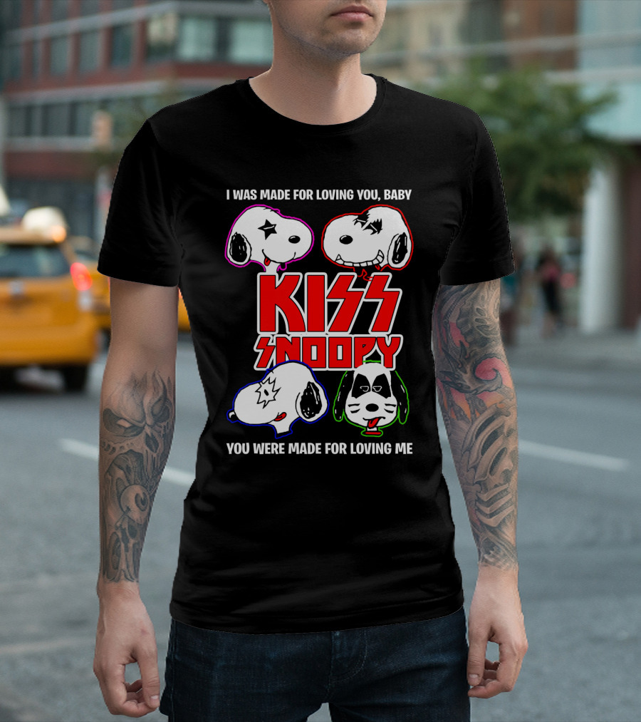 KISS Snoopy I Was Made for Loving You Baby Text and Iconic Band-Inspired T-Shirt