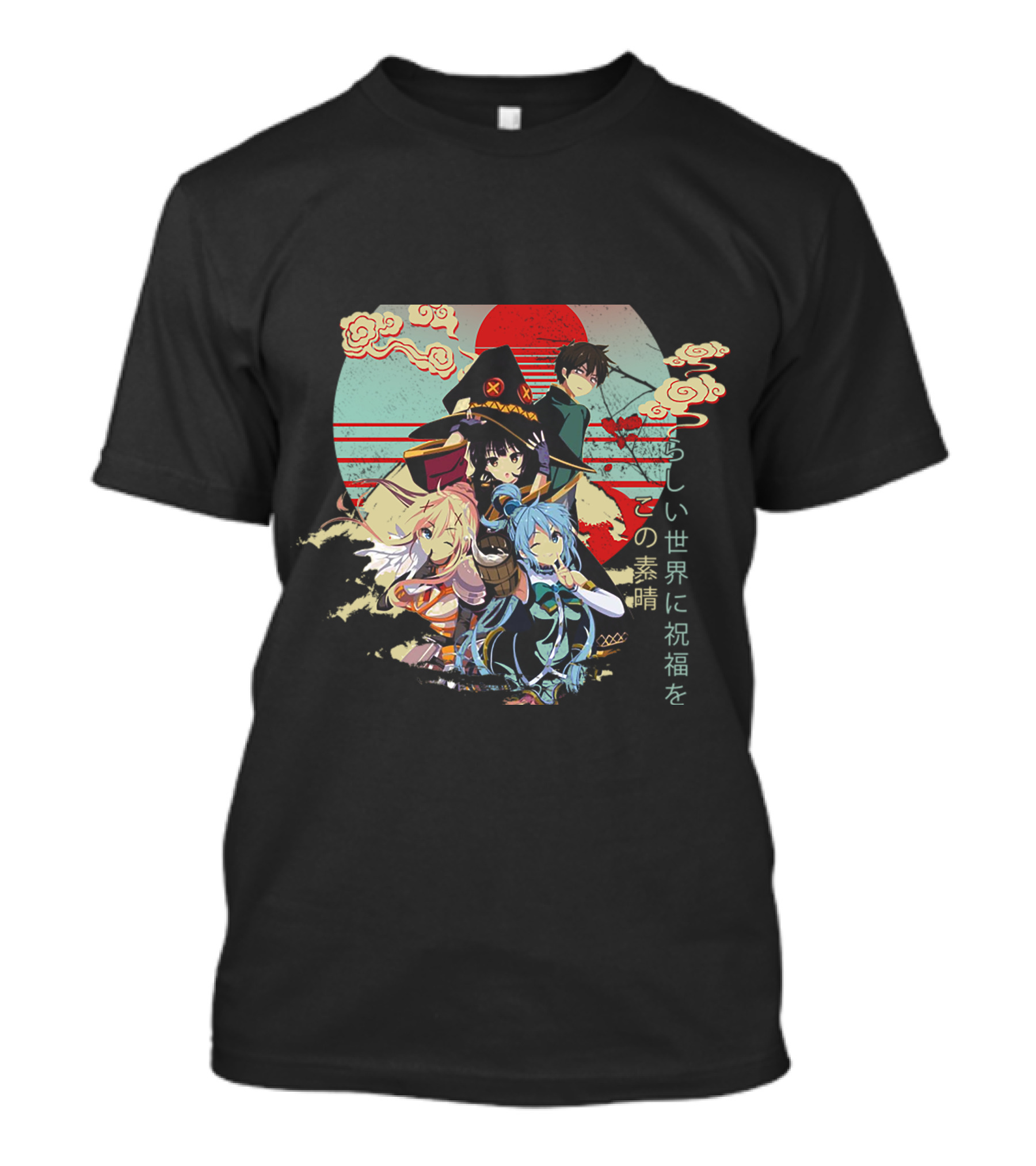 Konosuba Wonderful World Blessing Japanese Characters Kazuma Aqua Darkness Megumin Sun Clouds Red Circle Background T-Shirt