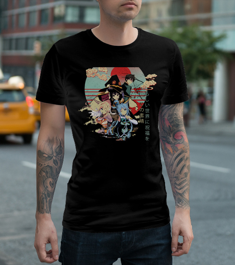 Konosuba Wonderful World Blessing Japanese Characters Kazuma Aqua Darkness Megumin Sun Clouds Red Circle Background T-Shirt