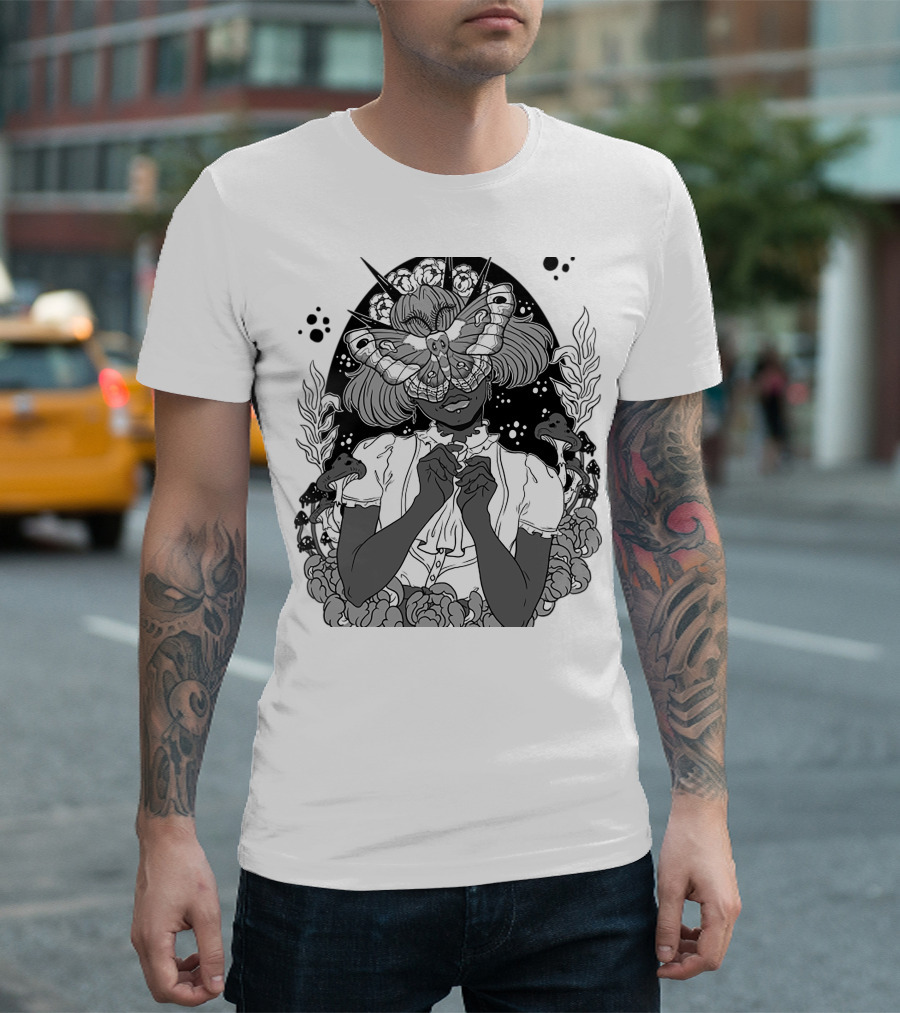 Moth The Seer Mystical Vision with Mushrooms and Floral Elements T-Shirt