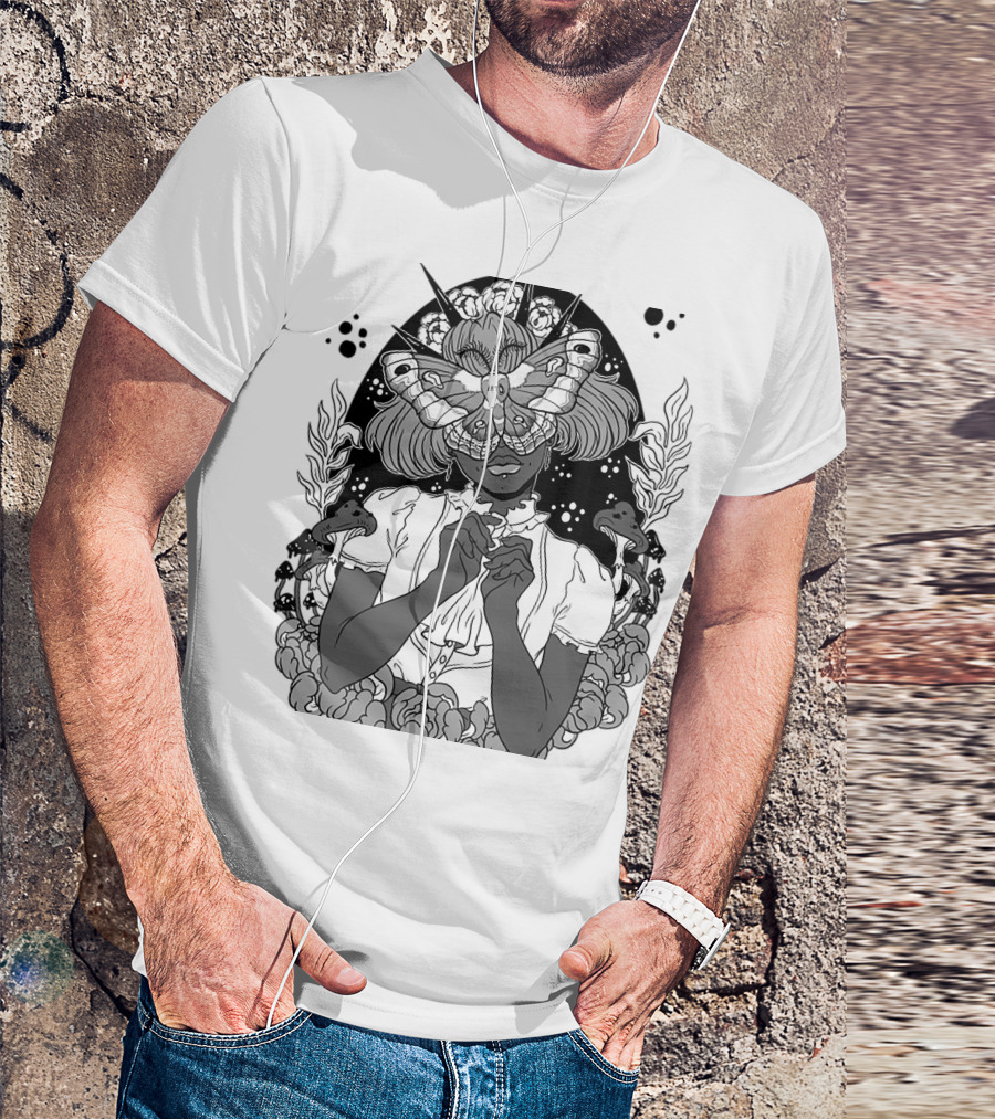 Moth The Seer Mystical Vision With Mushrooms And Floral Elements T-Shirt