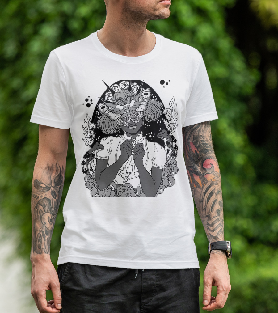 Moth The Seer Mystical Vision With Mushrooms And Floral Elements T-Shirt