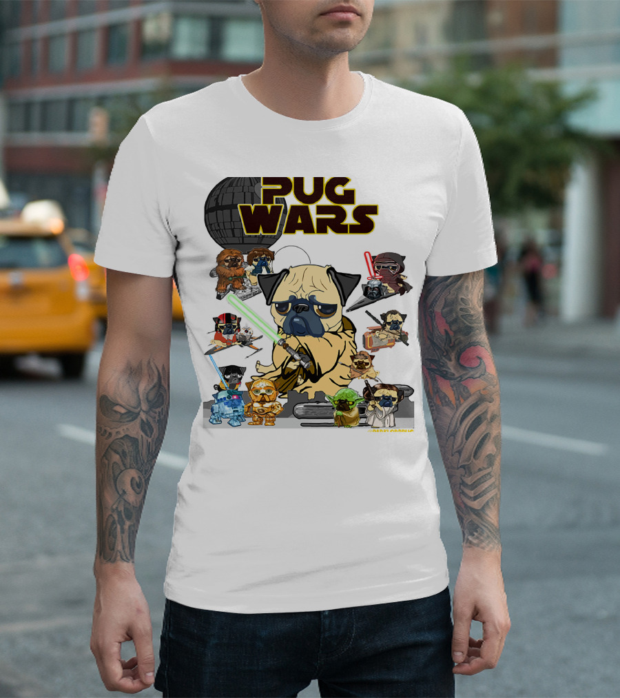 Pug Wars Star Parody With Iconic Characters And Spaceships T-Shirt