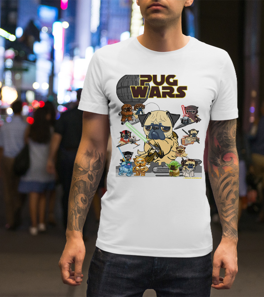 Pug Wars Star Parody With Iconic Characters And Spaceships T-Shirt