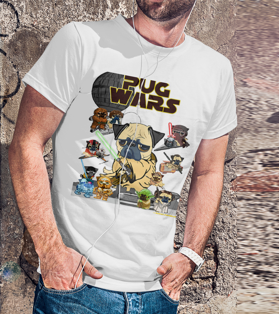 Pug Wars Star Parody With Iconic Characters And Spaceships T-Shirt