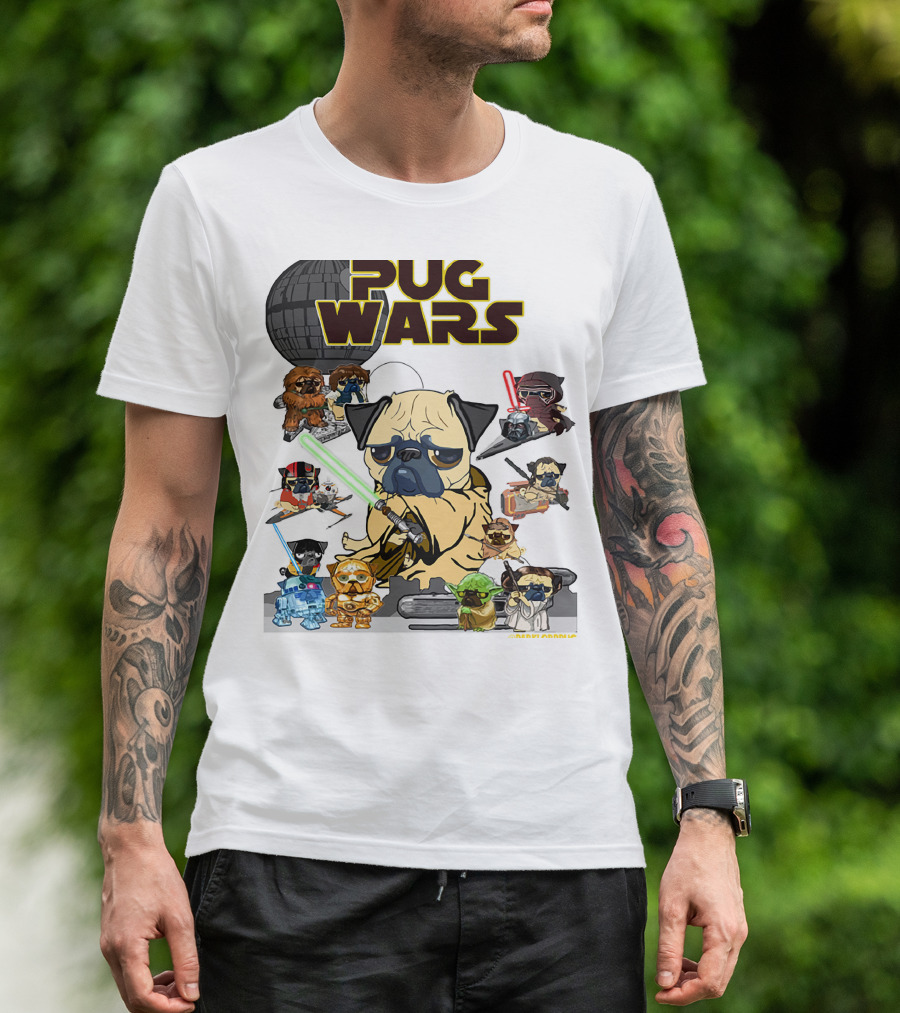 Pug Wars Star Parody With Iconic Characters And Spaceships T-Shirt