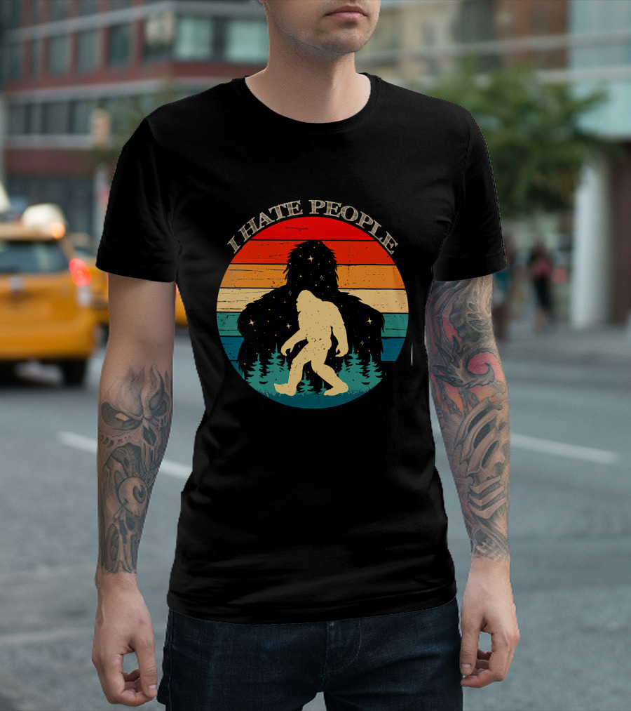 I Hate People Bigfoot Retro Sunset Forest Scene T-Shirt