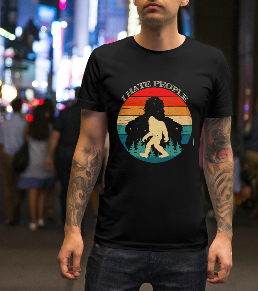 I Hate People Bigfoot Retro Sunset Forest Scene T-Shirt