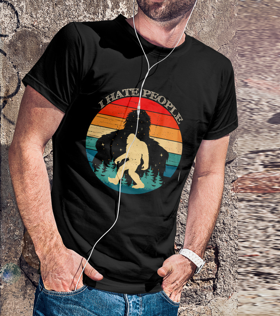 I Hate People Bigfoot Retro Sunset Forest Scene T-Shirt