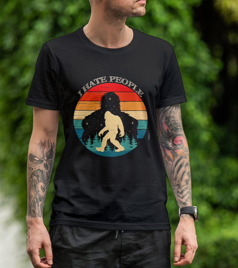 I Hate People Bigfoot Retro Sunset Forest Scene T-Shirt